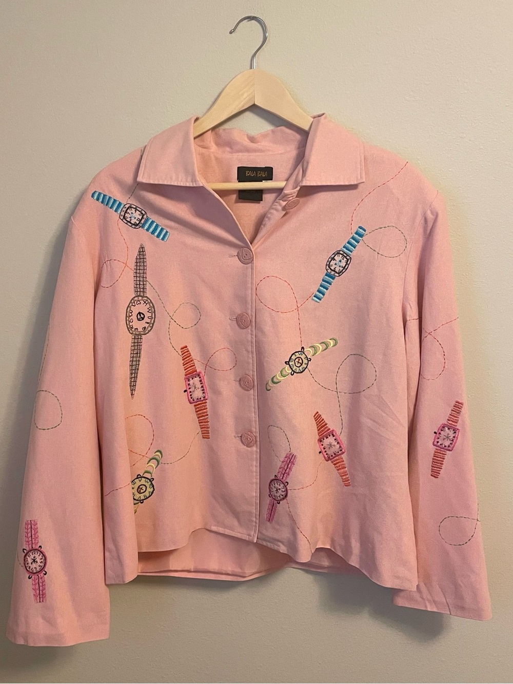 Bala Bala - Silk Pink Embroidered Watch Jacket - Artsy Whimsical Blazer- Size XL